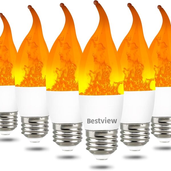 Bestview LED Flame Effect Light Bulbs,3 Modes Smart E26 Chandelier Base Flickering Candle Fire Light Bulb for Halloween, Christmas, Party, Porch, Indoor&Outdoor Home Decoration (6 Pack)