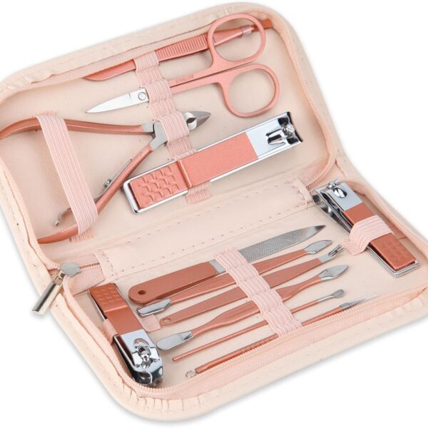Nail Clippers & Beauty Tool Portable Set, Rose Gold Manicure Set, 12 in 1. | Martensitic Stainless Steel, Pink Leather Bag, Suitable for Home, Workplace, Outdoor Travel, Gift Giving, Salon.