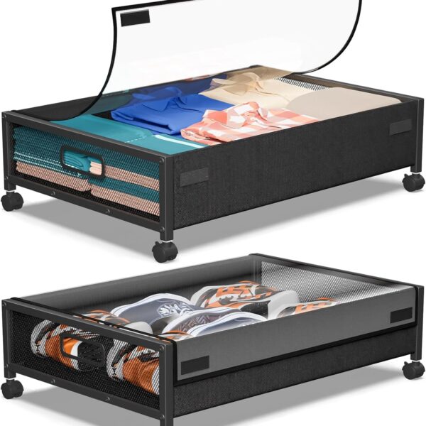 Under Bed Storage with Wheels,2 Pack Under Bed Storage Containers with Clear Lids,Under the bed storage Organizer Bins, Rolling Under Bed Metal Drawer for Clothes,Shoes,Books,Blankets