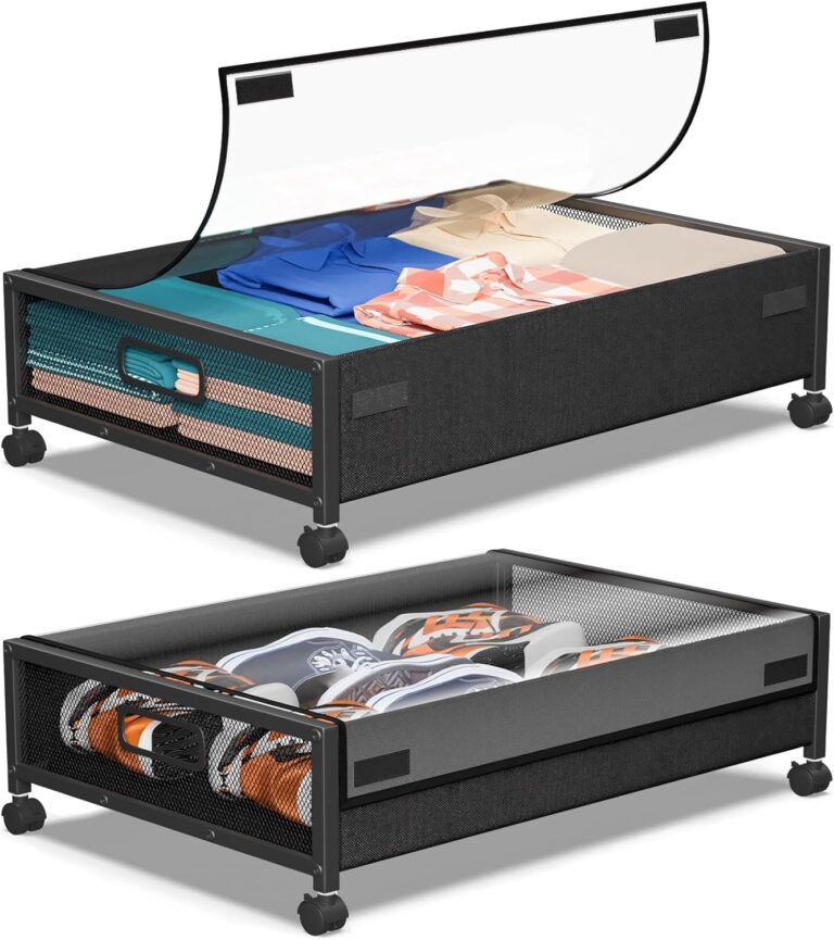 Under Bed Storage with Wheels,2 Pack Under Bed Storage Containers with Clear Lids,Under the bed storage Organizer Bins, Rolling Under Bed Metal Drawer for Clothes,Shoes,Books,Blankets