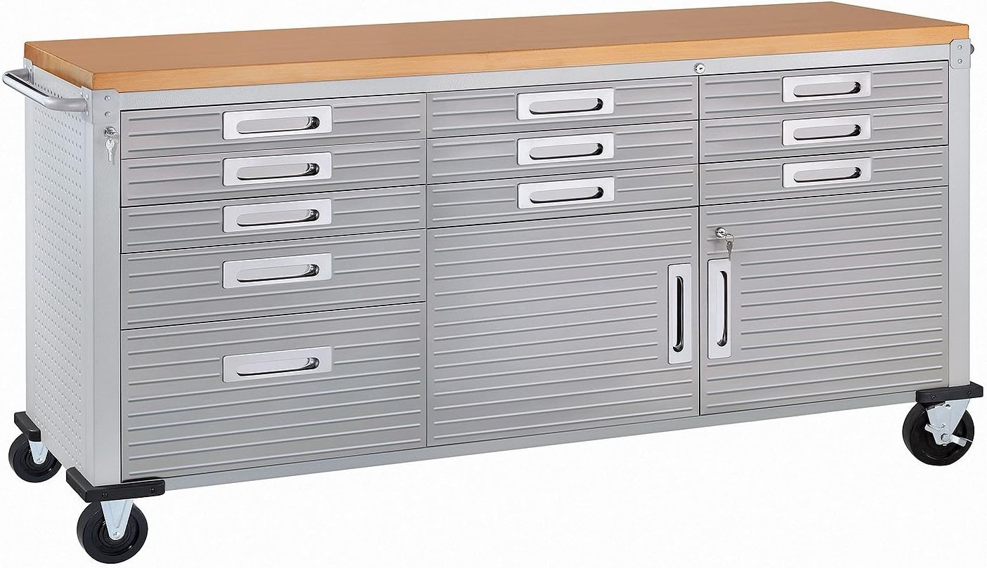 Seville Classics UltraHD Heavy Duty Rolling Cabinet Workbench Table w/Solid Wood Top, Workstation for Garage, Warehouse, Office, Workshop, 77" W x 20" D x 37.5" H, Granite, 11-Drawer Seville Classics UltraHD Heavy Duty Rolling Cabinet Workbench Table w/Solid Wood Top, Workstation for Garage, Warehouse, Office, Workshop, 77" W x 20" D x 37.5" H, Granite, 11-Drawer