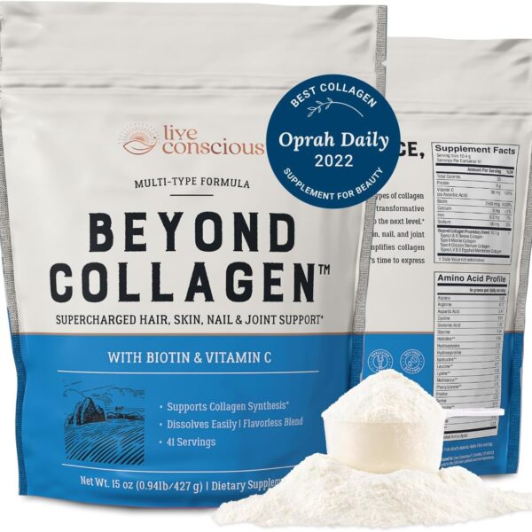 Live Conscious Beyond Collagen Multi Collagen Powder for Women w/Types I, II, III, V & X - Keto Friendly, Hydrolyzed Collagen Peptides Powder Blend w/Biotin & Vitamin C 41 Servings