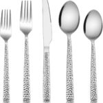 E-far Hammered Silverware Set, 40-Piece Stainless Steel Square Flatware Set for 8, Metal Tableware Cutlery Set Includes Dinner Knives/Forks/Spoons, Modern Design & Mirror Polished - Dishwasher Safe