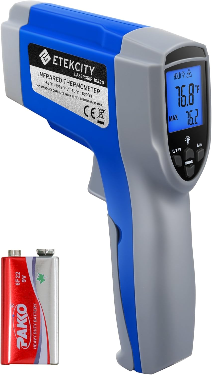 Etekcity Infrared Thermometer 1022D (Not for Human) Dual Laser Temperature Gun Non-contact-58~1022 (-50 ~ 550) with Adjustable Emissivity & Max Measure, Standard Size, Blue & Gray Etekcity Infrared Thermometer 1022D (Not for Human) Dual Laser Temperature Gun Non-contact-58~1022 (-50 ~ 550) with Adjustable Emissivity & Max Measure, Standard Size, Blue & Gray