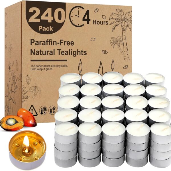 Unscented Tea Lights Candles 240 Pack, 4 Hours Long Burning,White Tea Candles Bulk, Bright Burn with Palm Wax,Smokeless Tealight Candles for Wedding,Centerpiece,Christmas Lights,Home Decorative