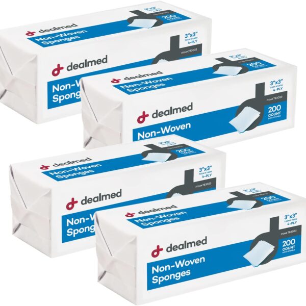 Dealmed 3" x 3" Non-Woven Gauze Sponges (200 Count) 4-Ply All-Purpose Non-Sterile Absorbent Dental Gauze Wound Care Product for First Aid Kit/Medical Facilities (Pack of 4)