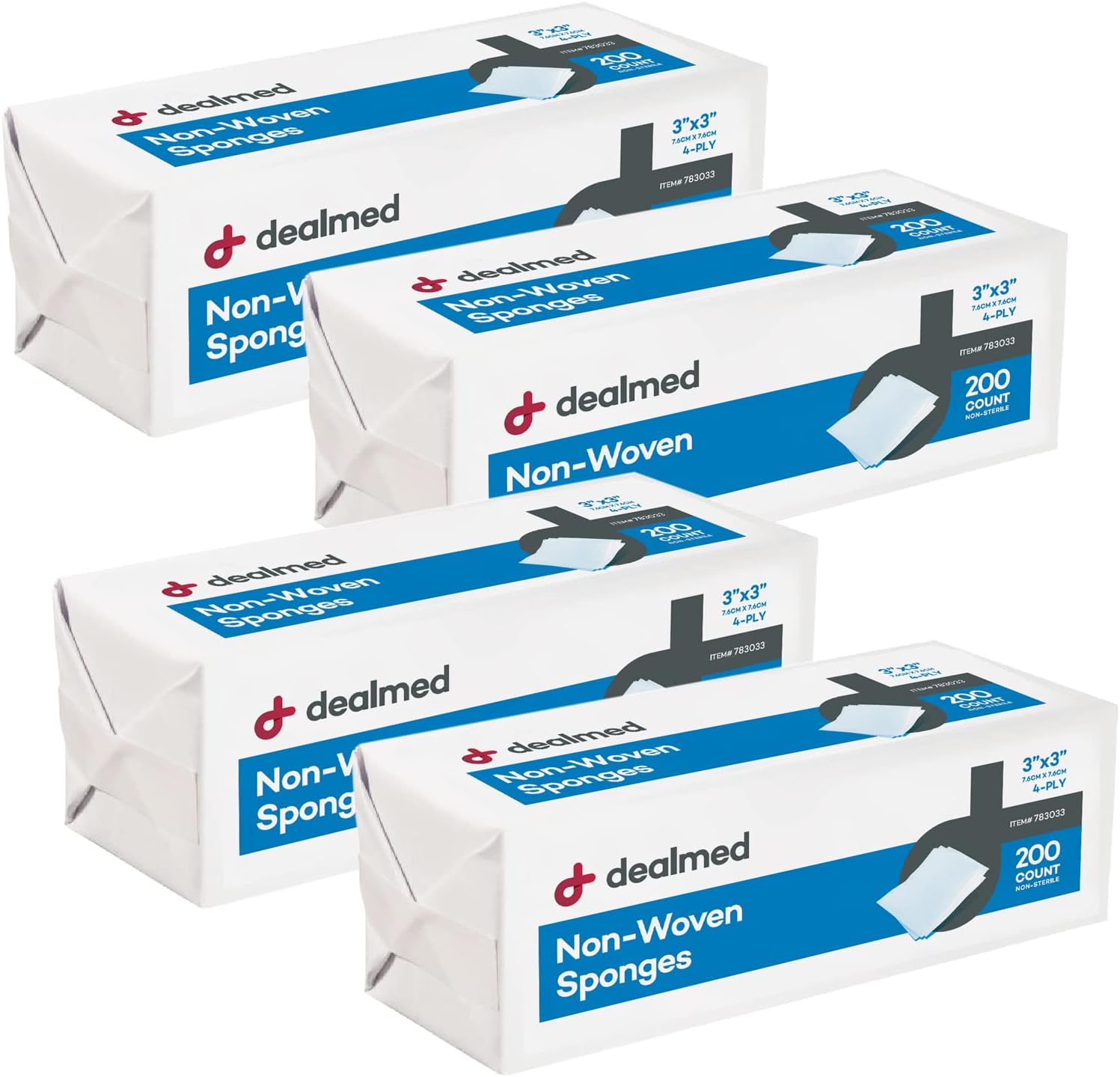Dealmed 3" x 3" Non-Woven Gauze Sponges (200 Count) 4-Ply All-Purpose Non-Sterile Absorbent Dental Gauze Wound Care Product for First Aid Kit/Medical Facilities (Pack of 4) Dealmed 3" x 3" Non-Woven Gauze Sponges (200 Count) 4-Ply All-Purpose Non-Sterile Absorbent Dental Gauze Wound Care Product for First Aid Kit/Medical Facilities (Pack of 4)