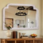HOITUZYUS 24x36 Inch Ornate Arched Decorative Wall Mirror Wooden | Antique White Accent Mirrors with Beaded Frame for Bathroom Sink, Entryway, Living Room, Fireplace Mantel, Over Dresser