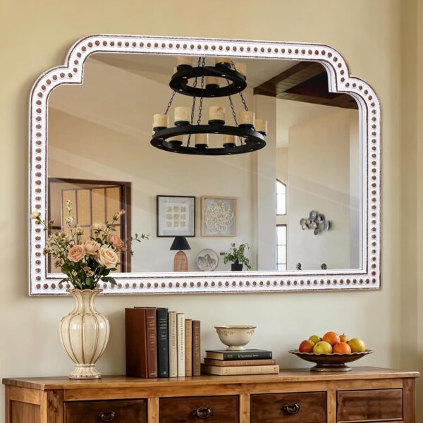 HOITUZYUS 24x36 Inch Ornate Arched Decorative Wall Mirror Wooden | Antique White Accent Mirrors with Beaded Frame for Bathroom Sink, Entryway, Living Room, Fireplace Mantel, Over Dresser