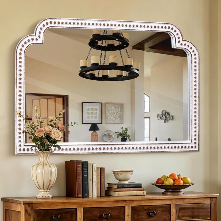 HOITUZYUS 24x36 Inch Ornate Arched Decorative Wall Mirror Wooden | Antique White Accent Mirrors with Beaded Frame for Bathroom Sink, Entryway, Living Room, Fireplace Mantel, Over Dresser