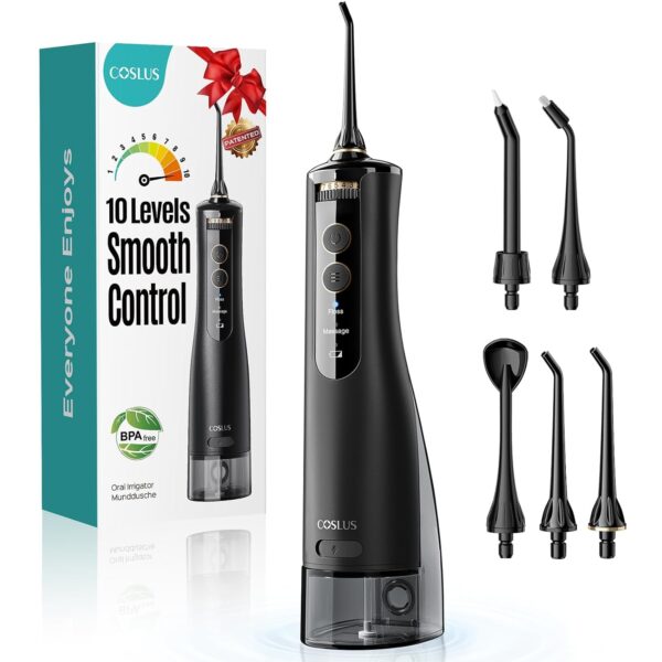 COSLUS ADA Accepted E40 Water Flosser, 10 Pressure Settings Easy to Adjust | Professional Water Dental Pick, Safe for Orthodontic, Braces & Sensitive Teeth Gums, Cordless for Travel, Family Us, Black
