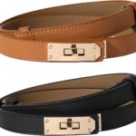 Ovekaut Women Skinny Leather Belt Solid Color Alloy Turn Lock Adjustable Waistband for Dresses Jeans Coats