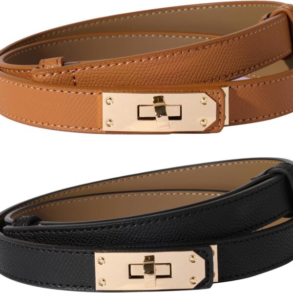Ovekaut Women Skinny Leather Belt Solid Color Alloy Turn Lock Adjustable Waistband for Dresses Jeans Coats