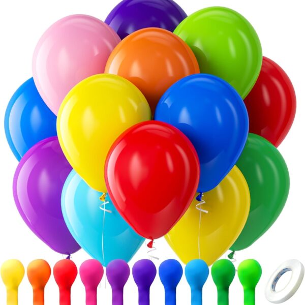 Bezente Assorted Rainbow Latex Balloons, 100 Pack 12 inch Round Helium Bright Color Balloons for Birthday Bridal Shower Wedding Party Decorations