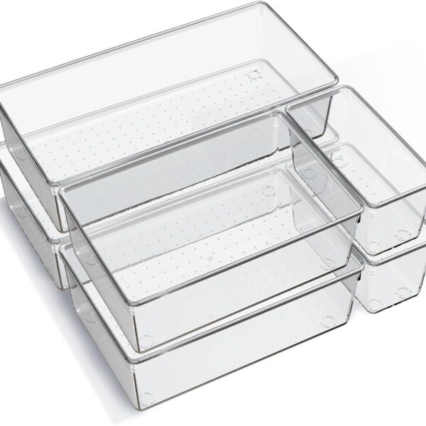 6 Pack Large Clear Plastic Drawer Organizer Trays, Acrylic Kitchen Drawer Organization and Storage Dividers, Non-Slip Storage Bins for Makeup, Kitchen Utensils, Bathroom, Jewelries and Office Desk