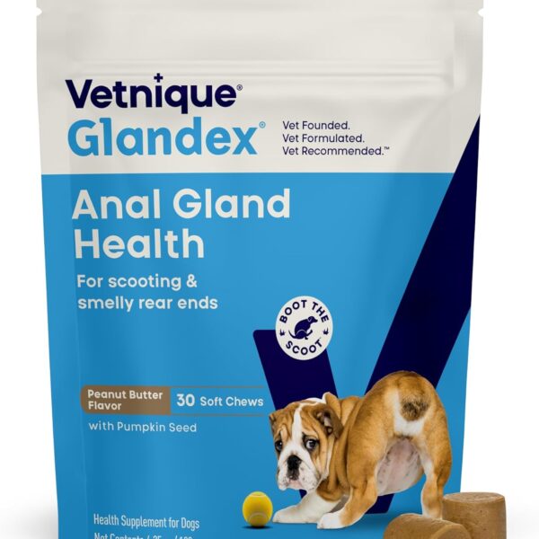 Vetnique Glandex Anal Gland Soft Chew Treats with Pumpkin for Dogs Digestive Enzymes, Probiotics Fiber Supplement for Dogs Boot the Scoot (30ct, Peanut Butter Chews)