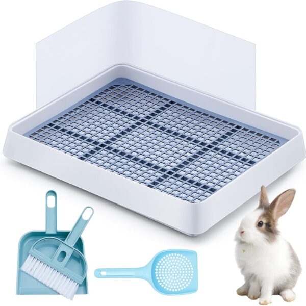 Uiifan Large Rabbit Bunny Litter Box Guinea Pig Litter Tray 15 x 12.1 x 2.55 Inch Small Animal Pet Toilet Potty Pan Rectangular Rabbit Bedding Tray Ferrets Cage (White and Blue)