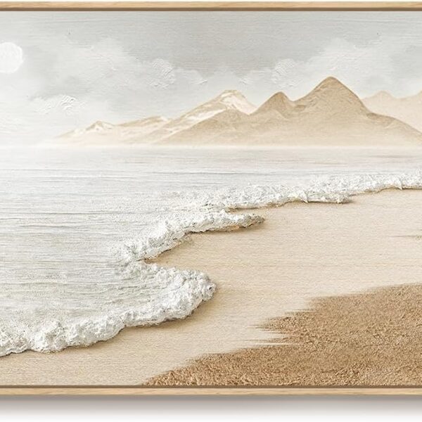 Framed Boho Beach Coastal Wall Art for Living Room, Large Neutral Ocean Canvas Artworks for Walls, Horizontal Abstract Minimalist Coastal Art Print for Bedroom Kitchen Office Wall Decor, 20x40 Inch