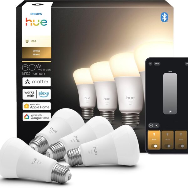 Philips Hue Smart LED A19 Bulb 4-Pack, Warm White Light 2700K, E26 Base, 9W, 810 Lumens, Dimmable LED Bulbs, Works with Alexa, Google Assistant, and Apple Home