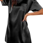 Ekouaer Silk Sleep Shirts for Women Satin Nightshirt Tshirt Nightgown Sleepwear Shirt Dress With Chest Pocket S-2XL