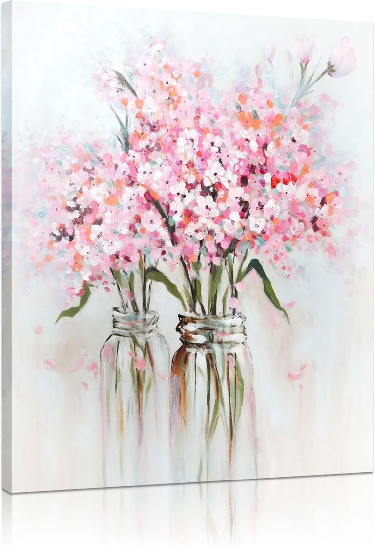 YPY Pink Flowers Canvas Wall Art: Abstract Bouquet in Vase Artwork Prints for Teen Girl Bedroom Pink Floral Picture Poster Bathroom Decor 12" x 15"