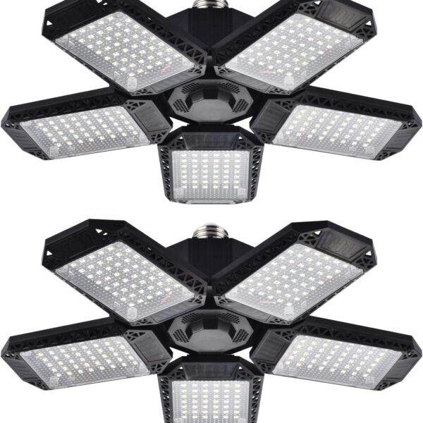 Mefflypee LED Garage Lights, 120W Deformable LED Garage Ceiling Light with 5 Adjustable Panels, 12000LM E26 Shop Lamp for Basement, Barn, High Bay, Store (2 Pack)
