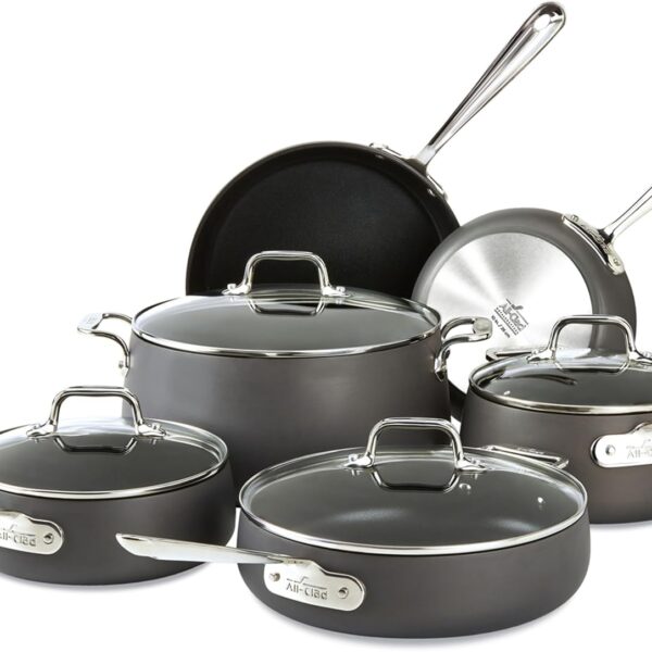 All-Clad HA1 Hard Anodized Nonstick Cookware Set 10 Piece Induction Oven Broiler Safe 500F, Lid Safe 350F Pots and Pans Black