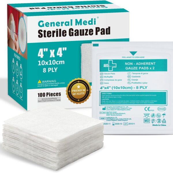 General Medi Sterile Gauze Pads  4" x 4" Individually Wrapped Medical Gauze Pads for Cleaning and Cushioning Minor Wounds, Cuts & Burns Wound Care Product (50 Packs, 100 Pieces Total)