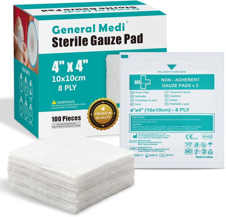 General Medi Sterile Gauze Pads  4" x 4" Individually Wrapped Medical Gauze Pads for Cleaning and Cushioning Minor Wounds, Cuts & Burns Wound Care Product (50 Packs, 100 Pieces Total)