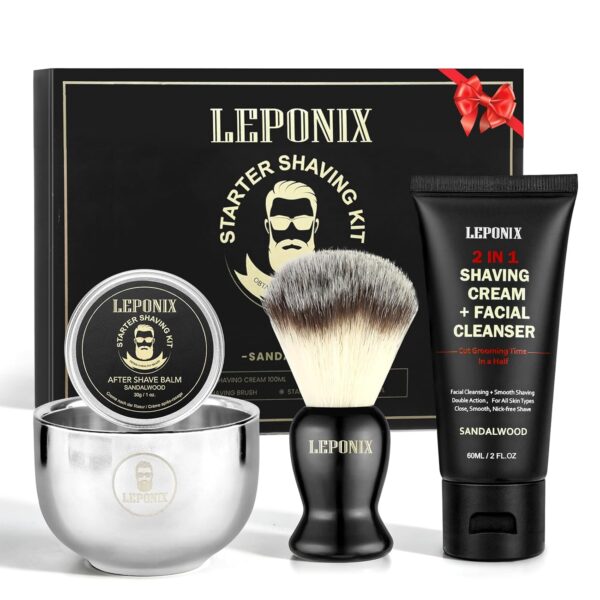 Shaving Kit, TSA Approved Travel Size Grooming Set - 60ml 2-in-1 Facial Cleanser & Shaving Cream, Shaving Brush and Bowl & 30g Solid Aftershave Balm, Gift Set for Men Boyfriend Stocking Stuffers
