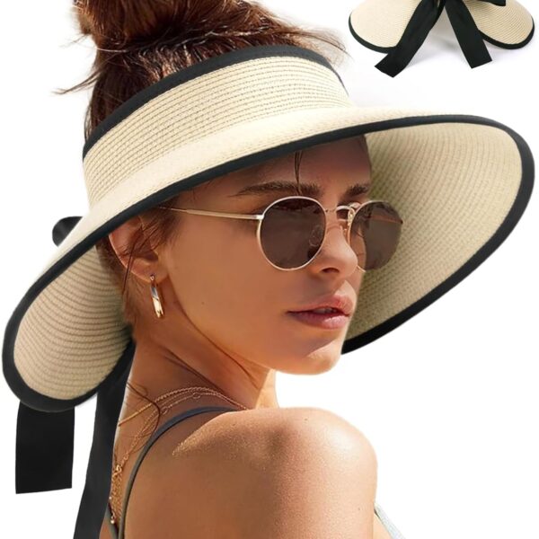 Camptrace Sun Visors for Women Wide Brim Beach Hat Foldable Straw Visor Hat Ponytail Summer Packable UPF 50+