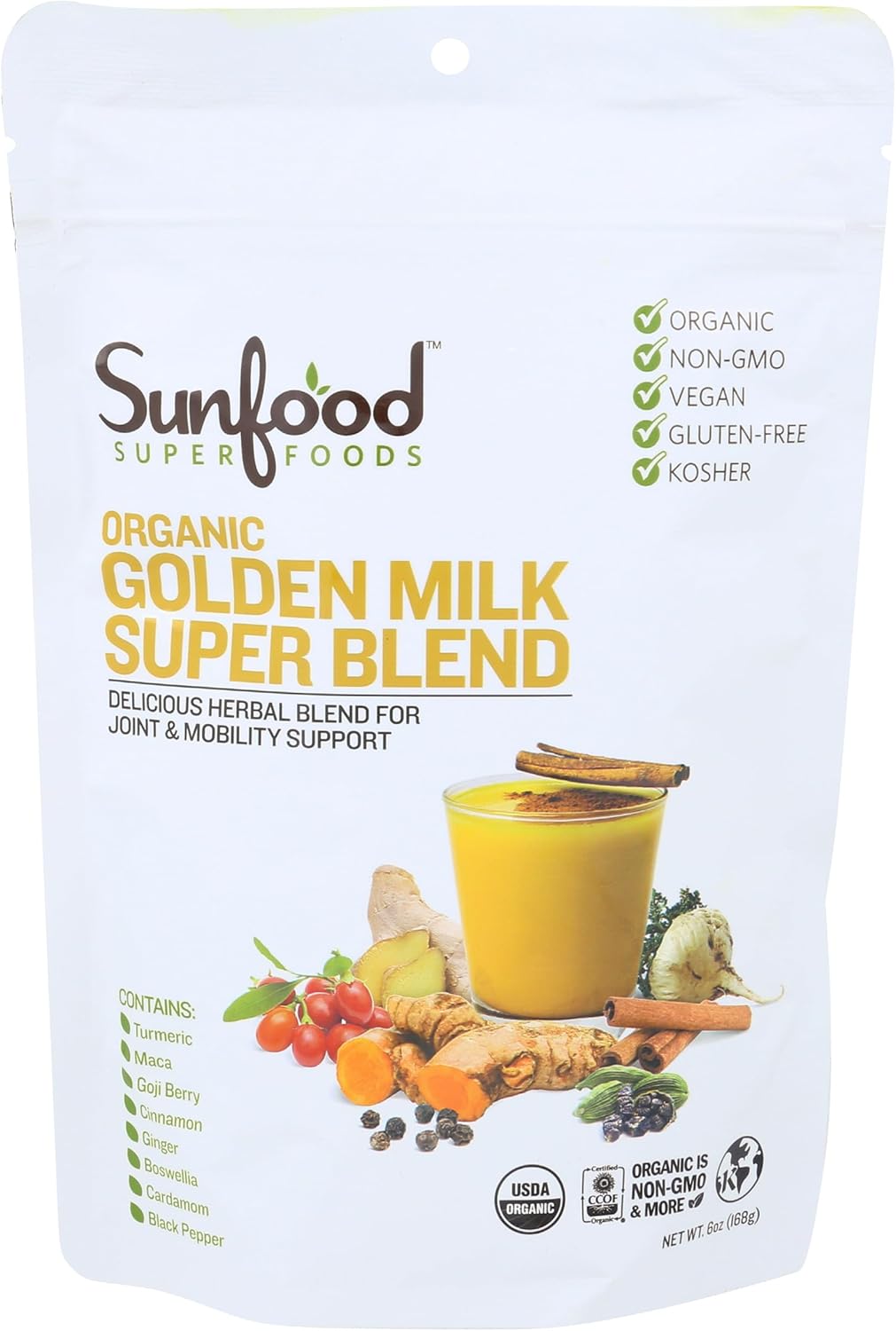 Sunfood Superfoods Organic Golden Milk Super Blend - Turmeric Latte Powder Mix with Ginger, Black Pepper, Cinnamon & Cardamom Spices, Vegan, USDA Organic, Gluten Free - 6 oz Sunfood Superfoods Organic Golden Milk Super Blend - Turmeric Latte Powder Mix with Ginger, Black Pepper, Cinnamon & Cardamom Spices, Vegan, USDA Organic, Gluten Free - 6 oz