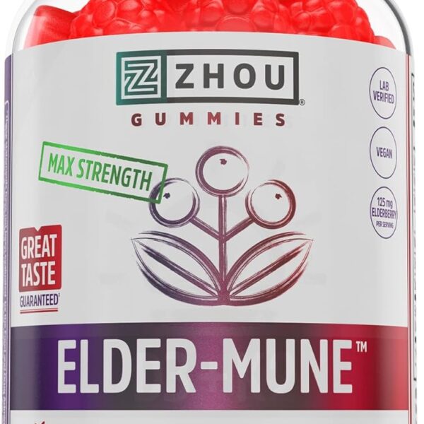 Zhou Elder-Mune Elderberry Gummies with Vitamin C and Zinc - Daily Immune Support Supplement for Women & Men, Chewable Natural Black Elderberry for Adults & Children 4 & Up - 60 Gummies