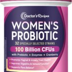 Doctor's Recipes Probiotics for Women, 100 Billion CFU 32 Strains, with Prebiotic, Enzymes & Cranberry, Shelf Stable, Delayed Release, 30 Caps