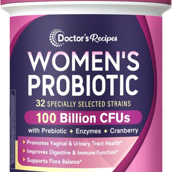 Doctor's Recipes Probiotics for Women, 100 Billion CFU 32 Strains, with Prebiotic, Enzymes & Cranberry, Shelf Stable, Delayed Release, 30 Caps