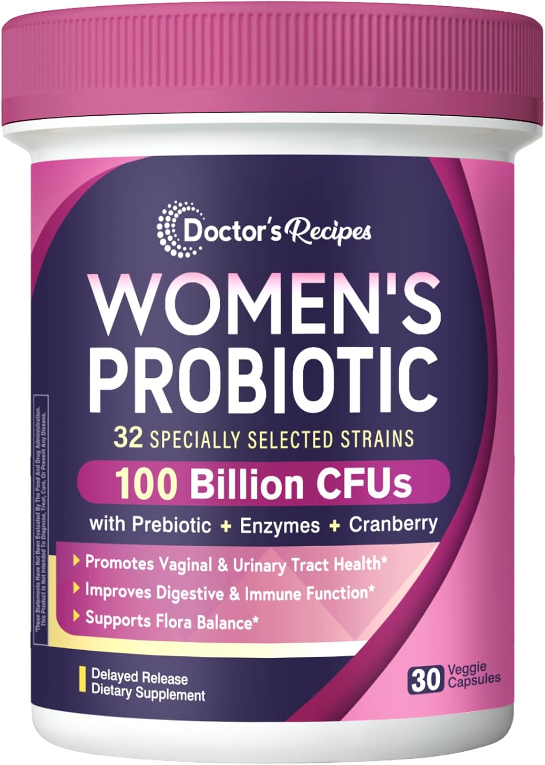 Doctor's Recipes Probiotics for Women, 100 Billion CFU 32 Strains, with Prebiotic, Enzymes & Cranberry, Shelf Stable, Delayed Release, 30 Caps Doctor's Recipes Probiotics for Women, 100 Billion CFU 32 Strains, with Prebiotic, Enzymes & Cranberry, Shelf Stable, Delayed Release, 30 Caps