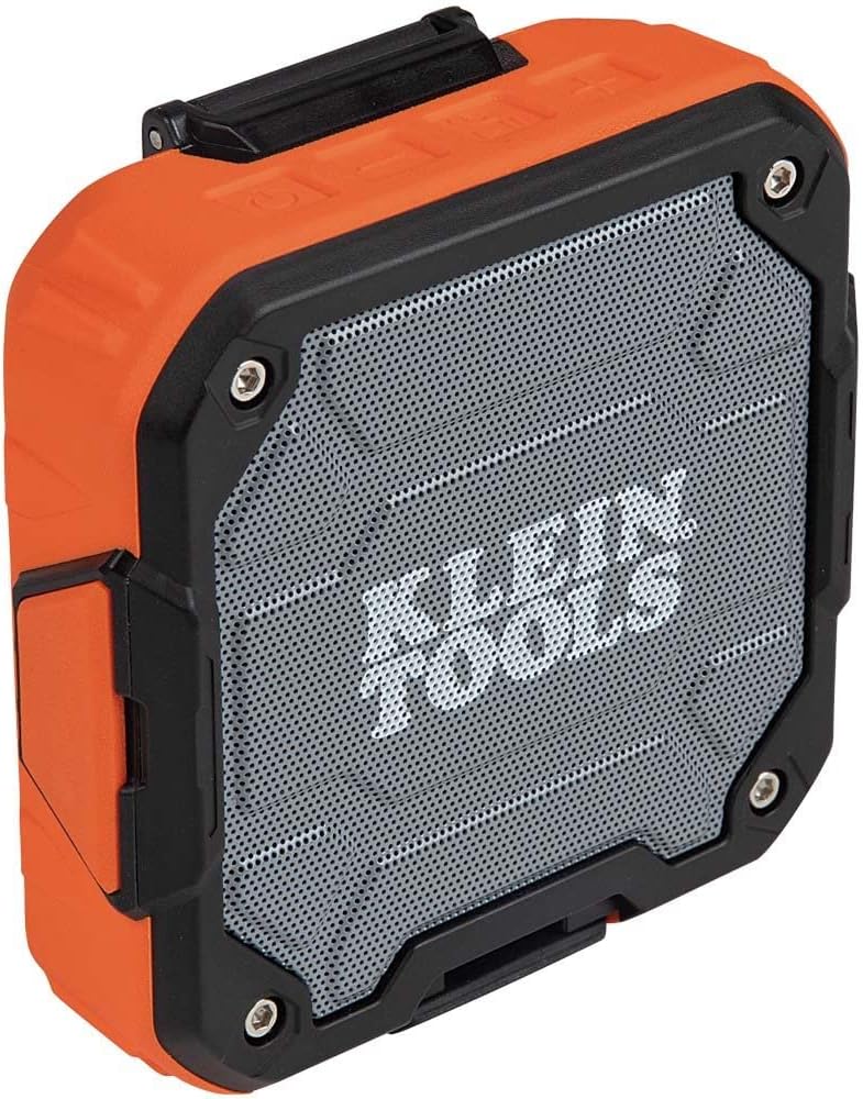 KLEIN TOOLS AEPJS2 Bluetooth Speaker with Magnetic Strip and Hook, Rechargeable, Wireless and Aux Capable, Hands Free Capable, 10 Hr Run Time, IP54 Dust and Water Resistant KLEIN TOOLS AEPJS2 Bluetooth Speaker with Magnetic Strip and Hook, Rechargeable, Wireless and Aux Capable, Hands Free Capable, 10 Hr Run Time, IP54 Dust and Water Resistant