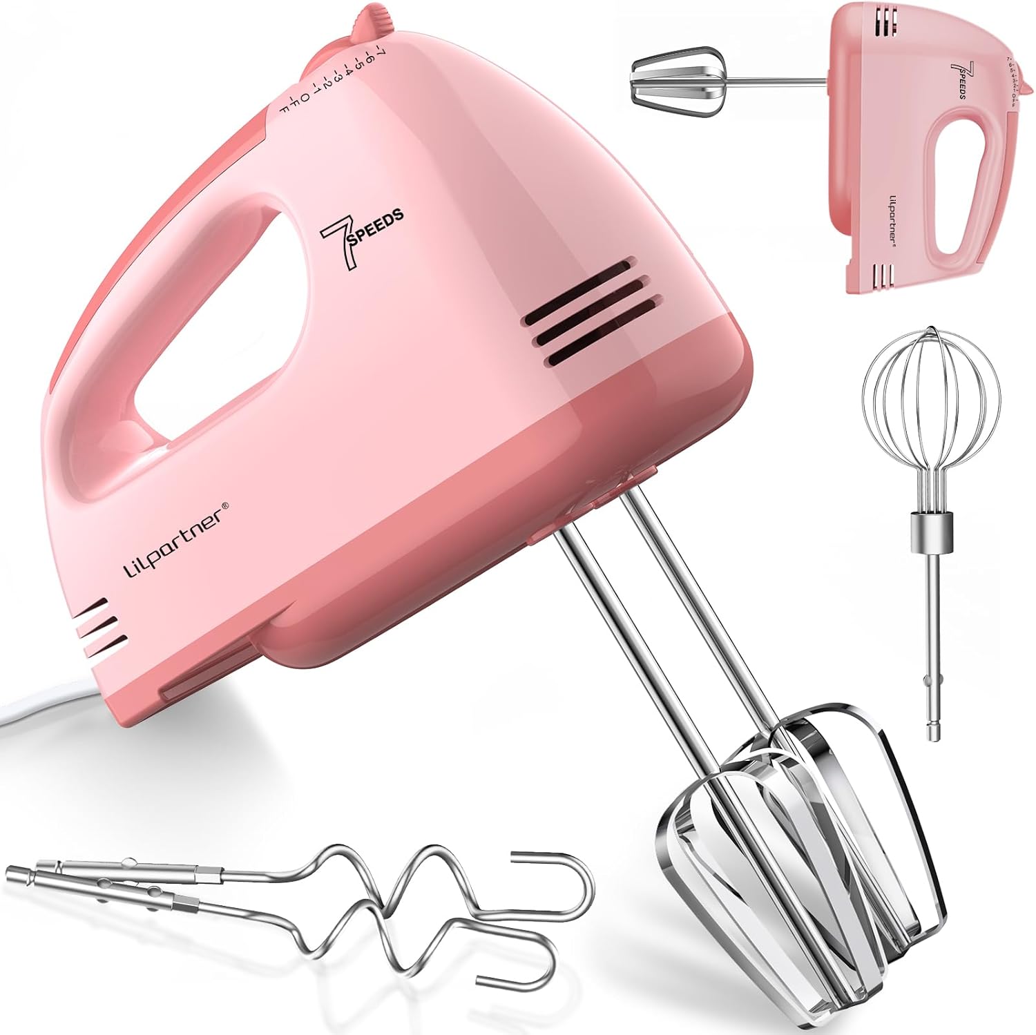 LILPARTNER Hand Mixer Electric, Ultra Power Kitchen Hand Mixer With 7-Speed & 5 Stainless Steel Accessories for Whipping Dough, Cream, Cake, Dishwasher Safe, Pink LILPARTNER Hand Mixer Electric, Ultra Power Kitchen Hand Mixer With 7-Speed & 5 Stainless Steel Accessories for Whipping Dough, Cream, Cake, Dishwasher Safe, Pink