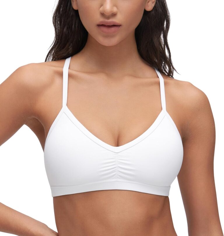 CRZ YOGA Butterluxe Ruched Sports Bras for Women - V Neck Spaghetti Thin Strap Y Back Wireless Padded Yoga Crop Top