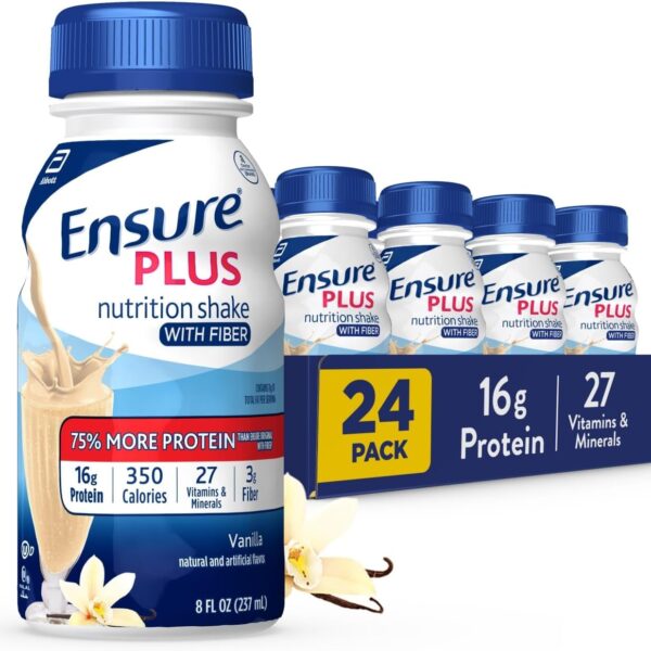 Ensure Plus Vanilla Nutrition Shake With Fiber | Meal Replacement Shake | Ready to Drink | 16g Protein and 27 Vitamins and Minerals | 8 fl oz - 24 Pack