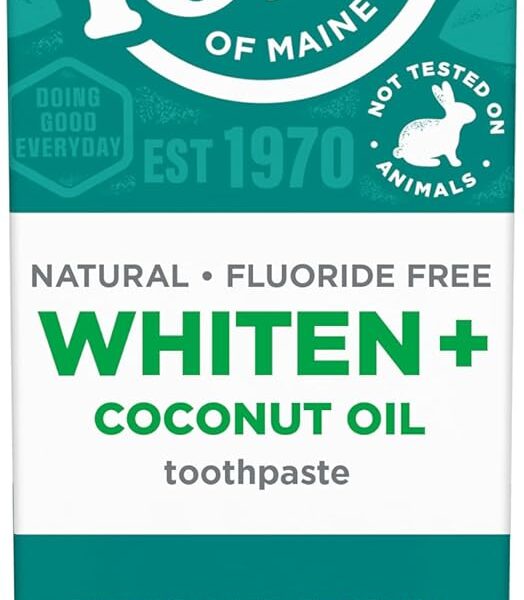 Tom's of Maine Whiten Plus Coconut Oil Fluoride Free Toothpaste, Natural Whitening Toothpaste with Coconut Oil and Plant-Based Cleansers, Whitens Without Causing Sensitivity, Gentle Mint, 4.0 Oz