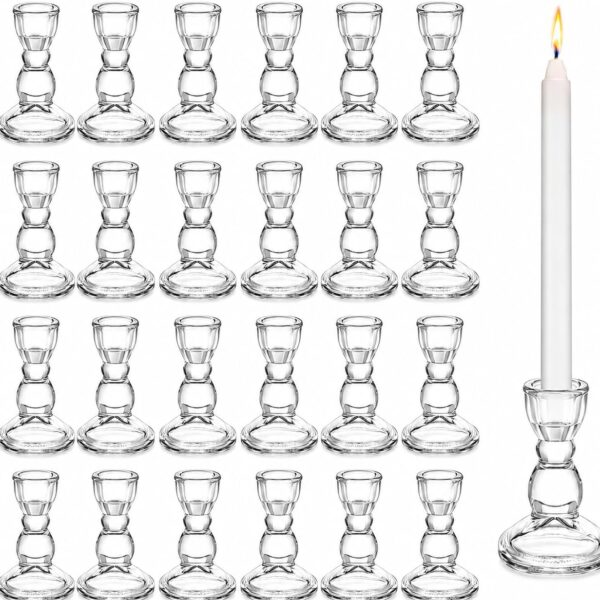 Lanttu 24 Pcs Candlestick Holders Bulk, 2.56 x 3.55in Clear Taper Candle Holders, Glass Candle Holders Set for Wedding Table, Party, Windowsill Decor