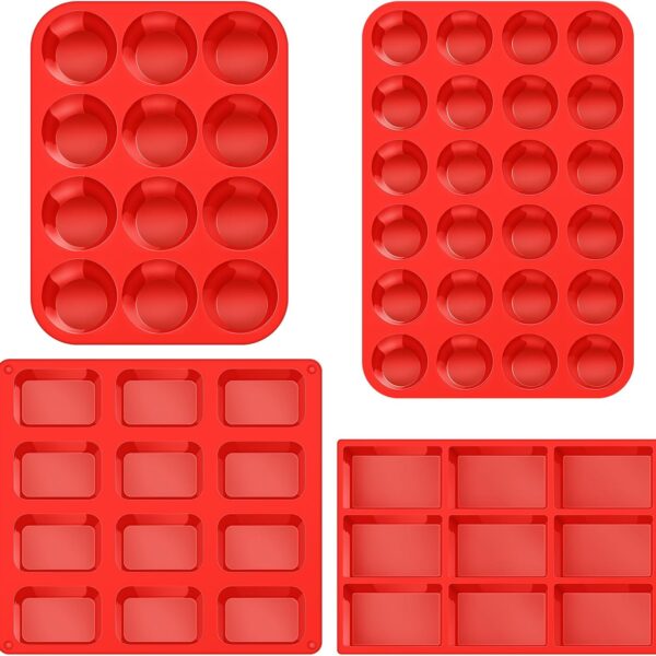 Reallnaive 4 Pcs 9 Cups/12 Cups Silicone Muffin Pan for Baking Nonstick Square/round Cupcakes Pan Regular Size Silicone Bakeware Mold Sets for Birthday Weddings Party Oven & Dishwasher Safe