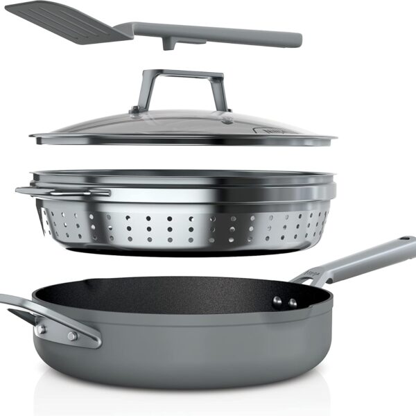 Ninja Foodi NeverStick 4 Quart Pan with Lid, Strainer, & Spatula, Oven Safe, Sea Salt Grey