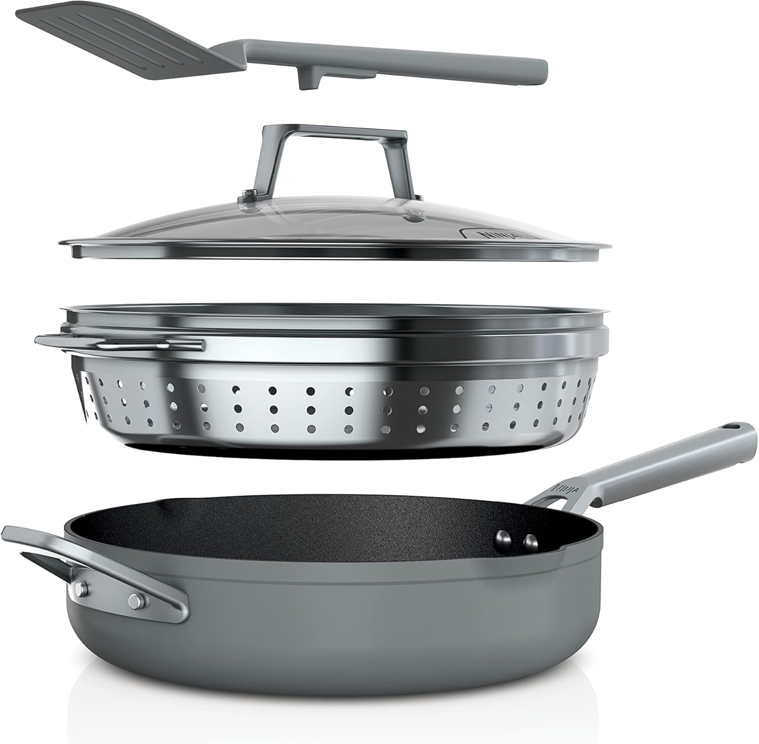 Ninja Foodi NeverStick 4 Quart Pan with Lid, Strainer, & Spatula, Oven Safe, Sea Salt Grey Ninja Foodi NeverStick 4 Quart Pan with Lid, Strainer, & Spatula, Oven Safe, Sea Salt Grey