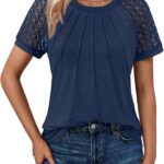 AUTOMET Women's Lace Short Sleeve Tops - Pleated Business Casual Work Shirts for Summer