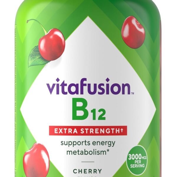 vitafusion Extra Strength Vitamin B12 Gummies, Supports Energy Metabolism and Nervous System Health Support, Gummy Vitamin Supplement for Women and Men, Cherry Flavor, 45 Day Supply, 90 Count