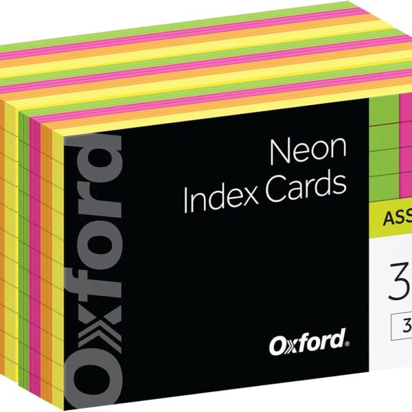 Oxford Neon Index Cards, 3" x 5", Ruled, Assorted Colors, 300 Per Pack (81300EE)