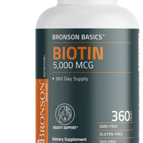Bronson Biotin 5,000 MCG Supports Healthy Hair, Skin & Nails & Energy Production - High Potency Beauty Support - Non-GMO, 360 Vegetarian Tablets