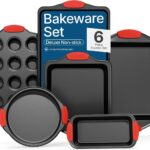 BAKKENMASTER Baking Set  6 Piece Kitchen Oven Bakeware Set  Deluxe Non-Stick Black Coating Inside and Outside  Carbon Steel  Red Silicone Handles  PFOA PFOS and PTFE Free by Bakken